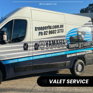 A Trooper Lu’s Garage van with Yamaha Racing branding provides 'Valet bike transport – with any service – two way' for specialist motorcycle services and pick-up/delivery across the metro area.