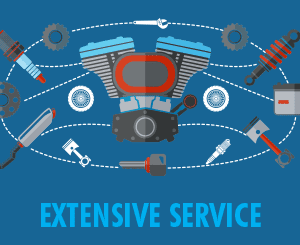 Illustration of motorcycle engine parts and tools surrounding a central engine, with the text "Fixed Price Extensive Service: Off-Road above 240cc" below.