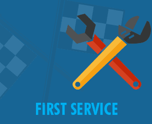 A pair of crossed wrenches over a checkered flag with "First Service" highlights our Extensive Service: Off-Road above 240cc, set against a vibrant blue background.