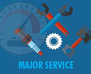 Illustration of car parts like a spark plug, wrench, gear, and piston over a speedometer with the text "Fixed Price Extensive Service: Off-Road above 240cc" below.