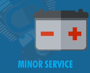 An illustration of a car battery with minus and plus symbols is paired with the text "MINOR SERVICE" underneath, tailored for those eyeing the Extensive Service: Off-Road above 240cc for bikes needing versatile care.