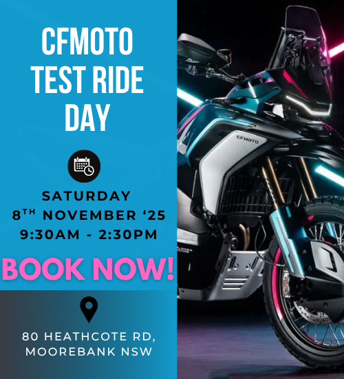Event 5 Promotional poster for CFMOTO Test Ride Day on 8th November 2025, 9:30am-2:30pm at 80 Heathcote Rd, Moorebank NSW, featuring a close-up of a CFMOTO motorcycle.