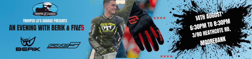 Promotional banner for "An Evening with Berik & Five5" event on 14th August, 6:30-8:30PM at 3/80 Heathcote Rd, Moorebank, featuring motorcycling brands Berik and Five5.